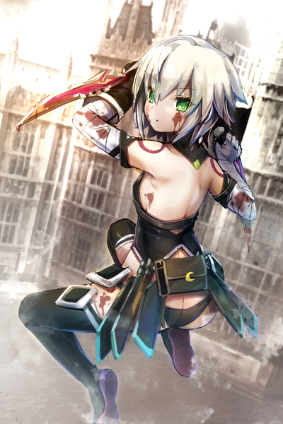 Anime-Bild 1500x2250 mit fate (series) fate/apocrypha jack the ripper (fate/apocrypha) samoore single tall image looking at viewer fringe short hair breasts light erotic hair between eyes bare shoulders holding green eyes silver hair full body bent knee (knees) looking back from behind