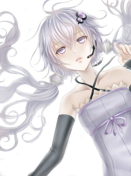 Anime picture 773x1040 with vocaloid yuzuki yukari gin ji single long hair tall image looking at viewer fringe open mouth simple background white background purple eyes twintails bare shoulders purple hair lying low twintails close-up girl dress