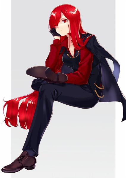 Anime picture 1446x2046 with fate (series) fate/grand order koha-ace oda nobunaga (fate) (all) oda nobunaga (maou avenger) (fate) itsumi mita single long hair tall image looking at viewer fringe breasts simple background red eyes sitting full body bent knee (knees) red hair grey background leg lift (legs lift)