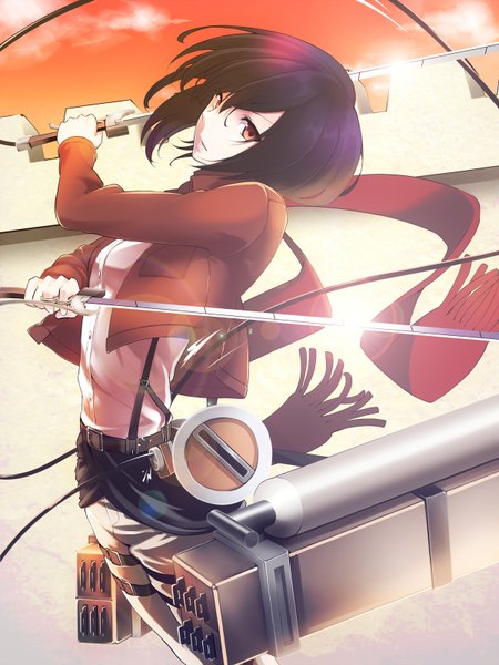 Anime picture 1200x1600 with shingeki no kyojin production i.g mikasa ackerman miraisen single tall image looking at viewer short hair black hair holding brown eyes sky cloud (clouds) open clothes open jacket dual wielding red sky girl uniform weapon