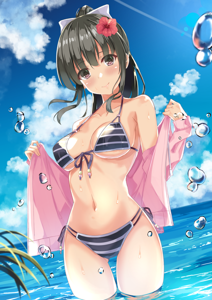 Anime picture 1191x1684 with original chuxue single long hair tall image looking at viewer blush fringe breasts light erotic black hair smile hair between eyes standing bare shoulders brown eyes sky cleavage cloud (clouds) outdoors