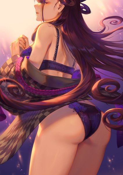 Anime picture 1592x2251 with fate (series) fate/grand order murasaki shikibu (fate) mashuu (neko no oyashiro) single long hair tall image fringe breasts open mouth light erotic simple background hair between eyes brown hair large breasts standing payot ass traditional clothes japanese clothes