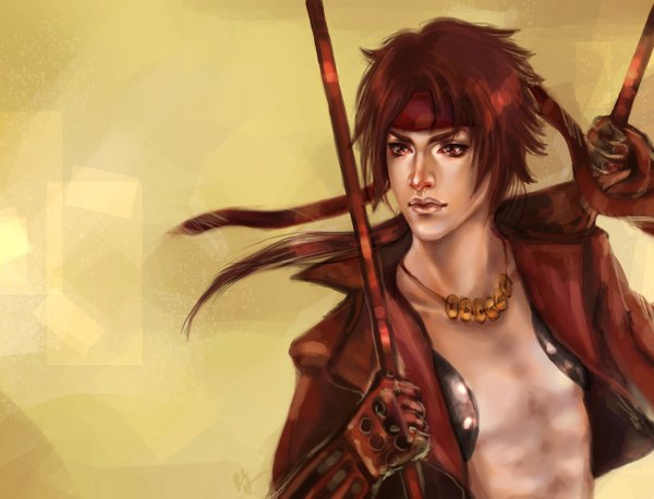 Anime picture 1361x1041 with sengoku basara production i.g sanada yukimura rociell single long hair simple background brown hair brown eyes open clothes open jacket boy gloves weapon pendant spear hachimaki