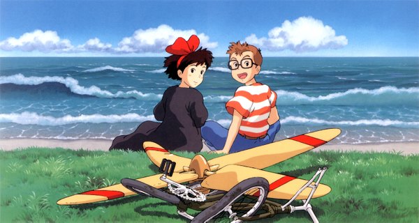 Anime picture 3093x1653 with kiki's delivery service studio ghibli kiki tombo kopoli highres wide image cloud (clouds) couple striped girl boy bow hair bow water glasses sea t-shirt ground vehicle aircraft airplane