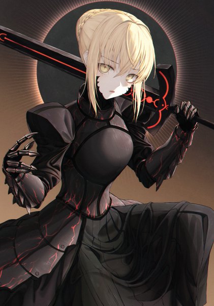 Anime picture 3440x4900 with fate (series) fate/stay night artoria pendragon (all) saber alter eichi (skskdi12z) single tall image looking at viewer blush fringe highres short hair open mouth blonde hair hair between eyes holding yellow eyes payot absurdres braid (braids)