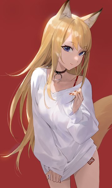Anime picture 1500x2515 with virtual youtuber kmnz lita mc lita modare single long hair tall image looking at viewer fringe blue eyes simple background blonde hair hair between eyes standing animal ears payot tail nail polish animal tail fingernails