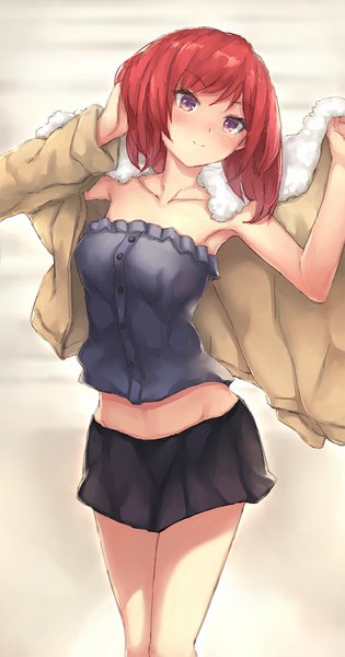 Anime picture 620x1180 with love live! school idol project sunrise (studio) love live! nishikino maki parfaitlate single tall image blush short hair smile standing purple eyes bare shoulders pink hair pleated skirt open clothes open jacket hand on head girl skirt