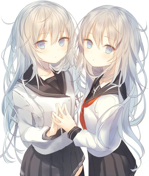 Anime picture 1180x1400 with kantai collection hibiki destroyer verniy destroyer yosuga ioru long hair tall image looking at viewer blush fringe blue eyes simple background hair between eyes standing white background multiple girls silver hair long sleeves pleated skirt from above zettai ryouiki
