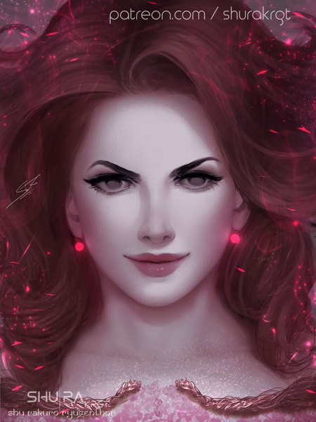 Anime picture 600x800 with original shurakrgt single long hair tall image looking at viewer signed red hair lips black eyes realistic inscription sparkle lipstick watermark portrait wavy hair face pink lipstick makeup