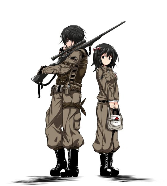 Anime picture 900x1000 with original kaho tall image looking at viewer fringe short hair black hair simple background smile standing white background holding silver eyes military girl boy gloves uniform hair ornament weapon