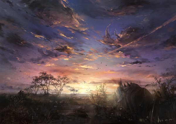 Anime picture 1754x1240 with original a-shacho asenliy highres signed sky cloud (clouds) back nature boy plant (plants) animal tree (trees) bird (birds) rhinoceros