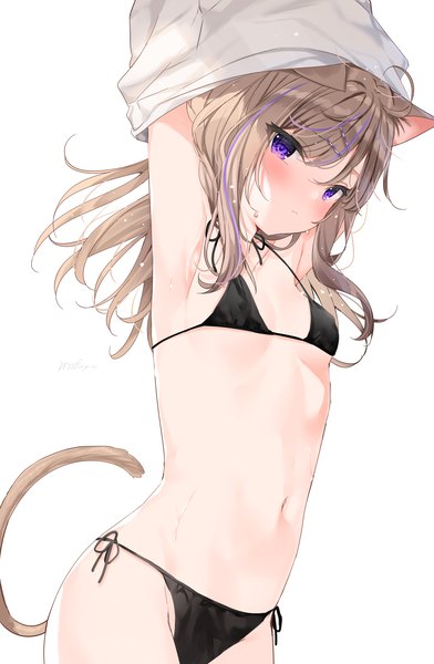 Anime picture 1516x2322 with original leo (mafuyu) mafuyu (chibi21) single long hair tall image looking at viewer blush fringe breasts light erotic simple background hair between eyes brown hair white background animal ears ahoge tail animal tail multicolored hair