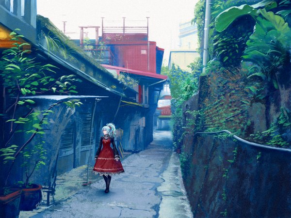 Anime picture 1200x900 with original senda (xianren) single long hair red eyes blue hair looking away ponytail city gothic alley girl dress ribbon (ribbons) plant (plants) hair ribbon building (buildings)