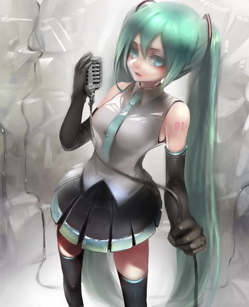 Anime picture 1300x1600 with vocaloid hatsune miku nicole pmonachi single tall image looking at viewer twintails bare shoulders very long hair aqua eyes aqua hair girl gloves elbow gloves thigh boots microphone wire (wires)