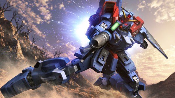 Anime picture 1920x1080 with mobile suit gundam gundam side story: the blue destiny sunrise (studio) blue destiny 02 s.hasegawa highres red eyes wide image sky cloud (clouds) outdoors wallpaper no people bare tree rock 3d beam rifle weapon plant (plants) tree (trees)