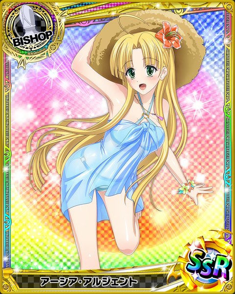 Anime picture 640x800 with highschool dxd asia argento single long hair tall image looking at viewer blush open mouth blonde hair green eyes hair flower card (medium) girl hair ornament flower (flowers) swimsuit hat bikini straw hat