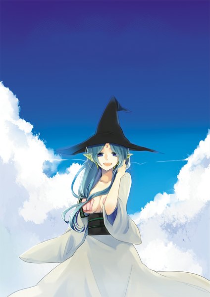 Anime picture 707x1000 with magi the labyrinth of magic a-1 pictures yamuraiha wakaba (hysteric.) single long hair tall image looking at viewer breasts open mouth blue eyes light erotic standing holding sky cloud (clouds) aqua hair happy girl hat