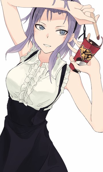 Anime picture 505x841 with dagashi kashi feel (studio) shidare hotaru furukawa wanosuke single long hair tall image simple background white background purple eyes looking away purple hair sleeveless hand on head girl skirt food frills sweets black skirt