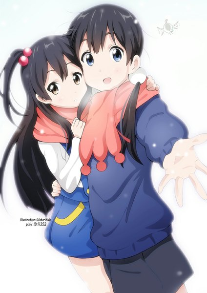 Anime picture 729x1032 with tamako market kyoto animation kitashirakawa tamako kitashirakawa anko dera mochimazzui long hair tall image looking at viewer blue eyes black hair simple background white background multiple girls brown eyes one side up shared scarf girl hair ornament 2 girls scarf