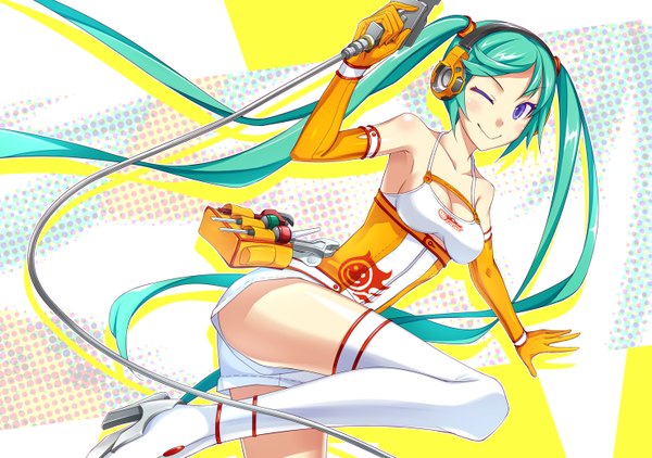 Anime picture 1477x1040 with vocaloid hatsune miku ike masato single smile purple eyes bare shoulders very long hair one eye closed wink aqua hair girl gloves elbow gloves shorts headphones thigh boots white shorts