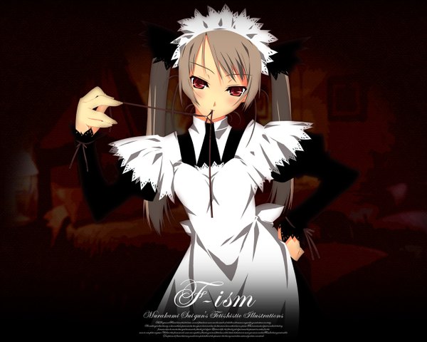 Anime picture 1280x1024 with f-ism murakami suigun single long hair looking at viewer red eyes brown hair twintails holding head tilt maid copyright name hand on hip text mouth hold english girl headdress maid headdress