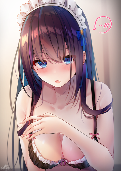 Anime picture 1450x2048 with original maid-chan (ramchi) ramchi single long hair tall image looking at viewer blush fringe breasts open mouth blue eyes light erotic simple background hair between eyes brown hair bare shoulders signed cleavage upper body