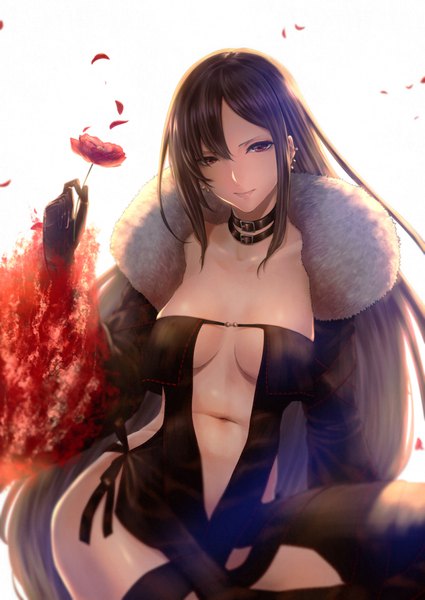 Anime picture 826x1166 with fate (series) fate/grand order yu mei-ren (fate) mugetsu2501 single long hair tall image looking at viewer fringe breasts light erotic simple background hair between eyes red eyes brown hair white background holding payot cleavage light smile