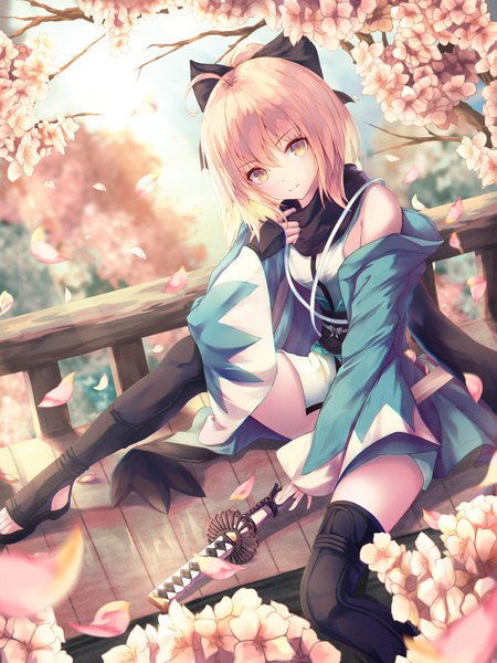 Anime picture 1200x1600 with fate (series) fate/grand order koha-ace okita souji (fate) (all) okita souji (koha-ace) h2o (dfo) single tall image looking at viewer blush fringe short hair breasts blonde hair hair between eyes sitting yellow eyes ahoge outdoors traditional clothes