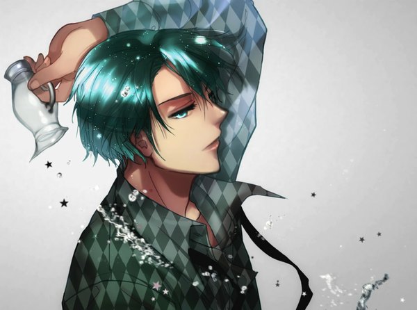 Anime picture 1024x762 with planetary moe uranus (planetary moe) rosel-d short hair simple background profile aqua eyes aqua hair arm behind head rhombus zodiac aquarius (zodiac) boy shirt water star (symbol) splashes pitcher