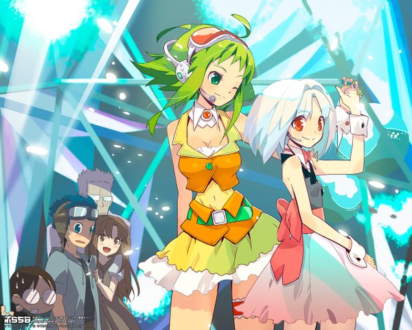 Anime picture 1280x1024 with vocaloid gumi ukke (artist) long hair blush short hair smile red eyes brown hair multiple girls green eyes ahoge white hair one eye closed green hair wink multiple boys holding hands group girl
