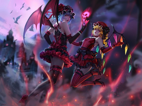 Anime picture 1440x1080 with touhou flandre scarlet remilia scarlet sarena looking at viewer short hair light erotic blonde hair red eyes bare shoulders multiple girls blue hair looking back night pantyshot alternate costume siblings jumping bat wings sisters