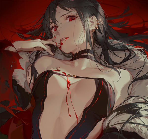 Anime picture 900x849 with fate (series) fate/grand order yu mei-ren (fate) ask (askzy) single long hair looking at viewer fringe breasts light erotic black hair hair between eyes red eyes bare shoulders upper body parted lips fur trim piercing ear piercing red background