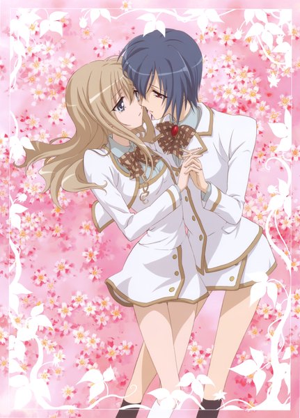 Anime picture 3370x4685 with strawberry panic madhouse konohana hikari ootori amane long hair tall image highres short hair blue eyes black hair blonde hair red eyes multiple girls absurdres shoujo ai almost kiss girl uniform flower (flowers) 2 girls