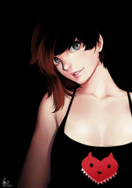 Anime picture 2893x4092 with rwby rooster teeth ruby rose lulu-chan92 single tall image looking at viewer highres short hair breasts smile bare shoulders signed parted lips head tilt multicolored hair two-tone hair dated black background silver eyes