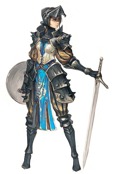 Anime picture 658x1000 with original tahra single tall image short hair blue eyes simple background blonde hair standing white background holding looking away knight girl weapon sword armor helmet gauntlets shield