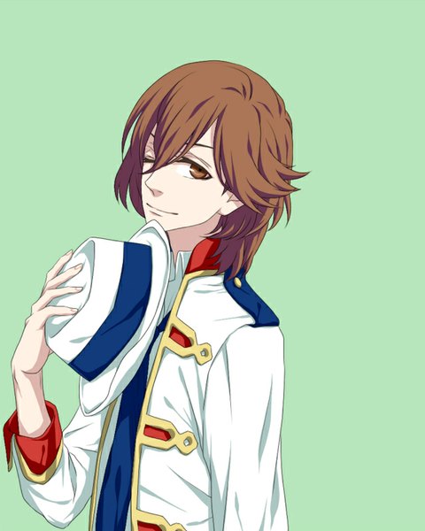 Anime picture 640x800 with uta no prince-sama a-1 pictures kotobuki reiji nayuta (hanayushi) single tall image looking at viewer short hair simple background smile brown hair brown eyes one eye closed green background boy hat