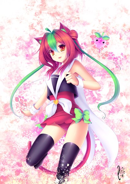 Anime picture 1500x2121 with original sasori gatame (krizpi) single tall image short hair red eyes animal ears red hair animal tail multicolored hair cat ears two-tone hair cat tail streaked hair girl thighhighs black thighhighs