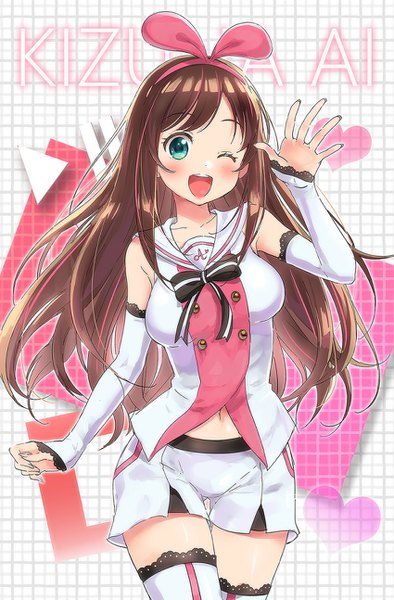 Anime picture 850x1293 with virtual youtuber a.i. channel kizuna ai kl single long hair tall image looking at viewer blush fringe breasts open mouth simple background brown hair standing payot one eye closed multicolored hair arm up aqua eyes