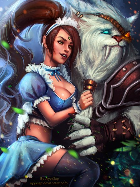 Anime picture 1536x2048 with league of legends nidalee (league of legends) rengar (league of legends) ayyasap long hair tall image fringe smile brown hair sitting green eyes looking away cleavage ponytail light smile lips realistic teeth bare belly short sleeves