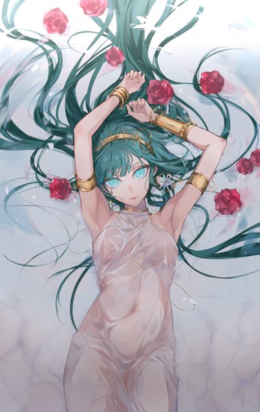 Anime picture 1672x2644 with fate (series) fate/grand order cleopatra (fate/grand order) ashita kura single tall image looking at viewer light erotic very long hair aqua eyes green hair arms up armpit (armpits) covered navel facial mark girl flower (flowers) earrings bracelet rose (roses)