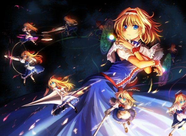 Anime picture 1400x1020 with touhou alice margatroid shanghai freeze-ex long hair short hair blue eyes blonde hair holding ahoge aqua eyes magic light dual wielding girl dress bow weapon hair bow hairband