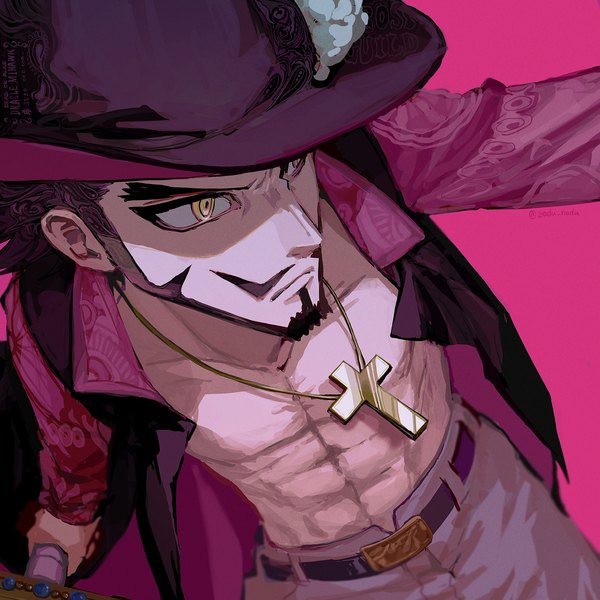 Anime-Bild 1773x1773 mit one piece toei animation dracule mihawk yadu nadu single highres short hair black hair simple background signed yellow eyes looking away from above twitter username shaded face pink background muscle abs boy hat