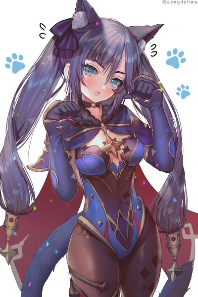 Anime picture 1000x1500 with genshin impact mona megistus hanato (seonoaiko) single long hair tall image looking at viewer blue eyes light erotic black hair simple background standing white background twintails signed animal ears tail head tilt animal tail cat ears