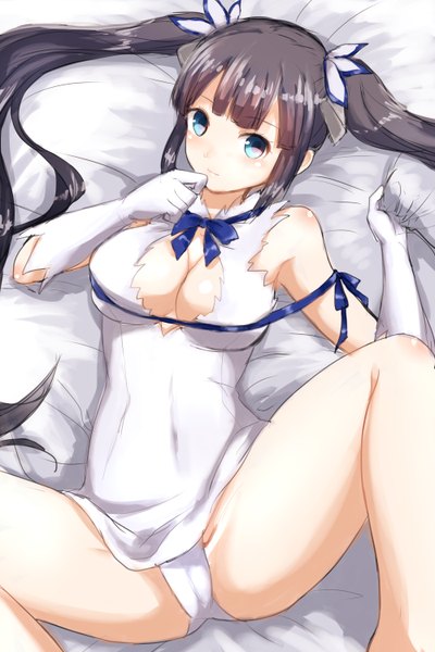 Anime picture 2000x3000 with dungeon ni deai wo motomeru no wa machigatteiru darou ka j.c. staff hestia (danmachi) chii (artist) single long hair tall image looking at viewer highres breasts blue eyes light erotic black hair twintails cleavage spread legs rei no himo girl gloves underwear