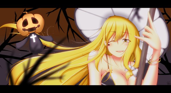 Anime picture 1200x654 with touhou kirisame marisa notya (artist) long hair blush light erotic blonde hair smile wide image yellow eyes one eye closed wink halloween girl bow hair bow hat bracelet