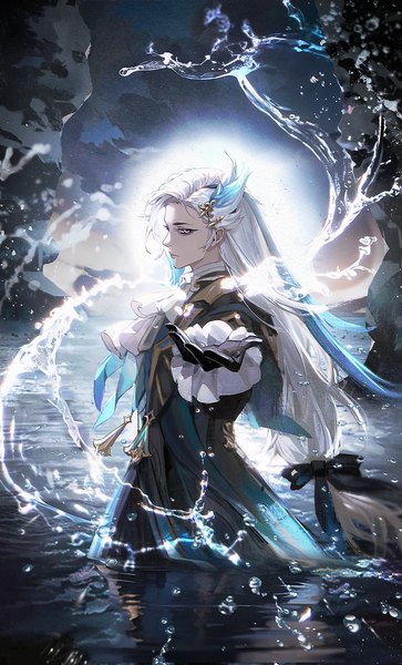 Anime picture 1080x1784 with genshin impact neuvillette (genshin impact) dywx poison single long hair tall image standing silver hair profile partially submerged low ponytail outstretched hand silver eyes expressionless boy gloves hair ornament ribbon (ribbons) hair ribbon black gloves