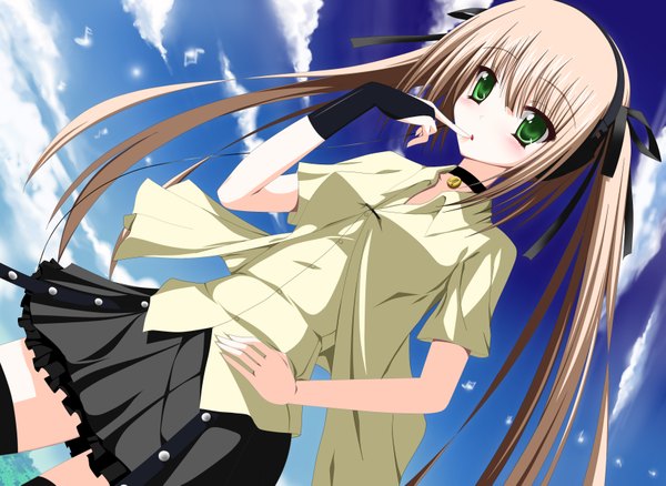 Anime picture 3437x2514 with original kopianget single long hair blush highres brown hair green eyes absurdres sky cloud (clouds) pleated skirt hand on hip finger to mouth girl thighhighs uniform ribbon (ribbons) black thighhighs hair ribbon