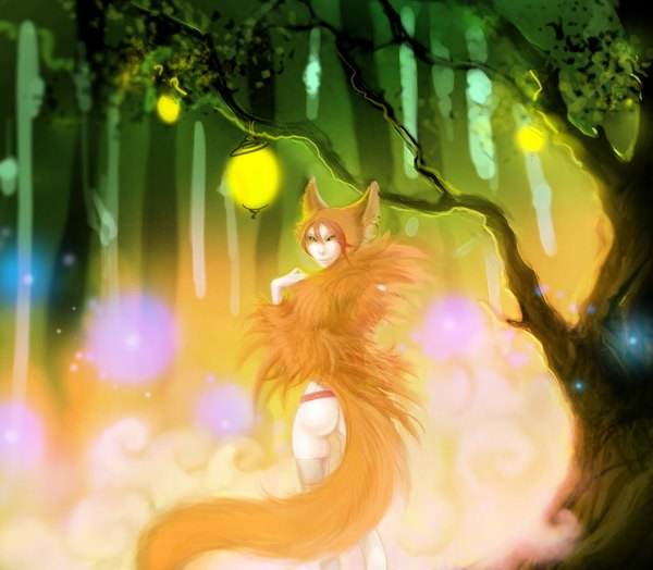 Anime picture 1024x895 with original anndr (artist) single looking at viewer standing yellow eyes light smile from behind orange hair fox ears fox tail smoke fantasy fog girl plant (plants) earrings tree (trees) branch forest