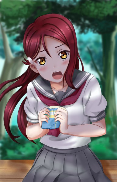 Anime picture 1800x2800 with love live! sunshine!! sunrise (studio) love live! sakurauchi riko xiaoxin041590 single long hair tall image looking at viewer blush fringe highres open mouth hair between eyes standing holding yellow eyes outdoors red hair pleated skirt