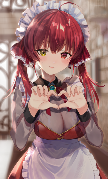 Anime picture 1800x2988 with virtual youtuber hololive houshou marine hoshikani single long hair tall image blush fringe highres breasts light erotic hair between eyes large breasts twintails ahoge red hair indoors heterochromia heart hands